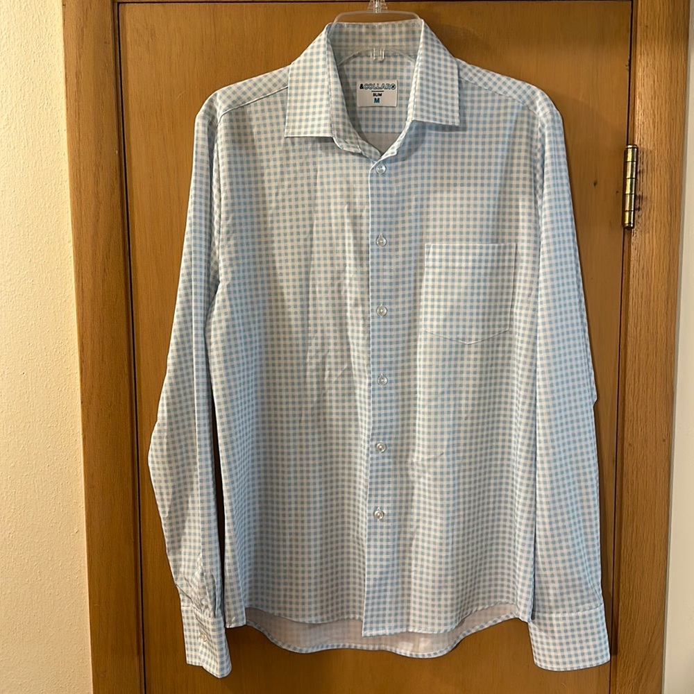 &Collar Men’s Slim Gingham Lightweight Button Down Shirt Blue White Size Medium